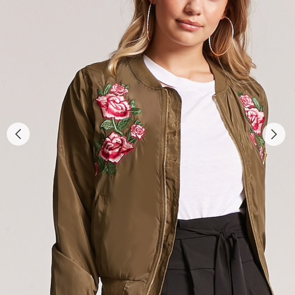 Forever 21 Olive floral Bomber jacket